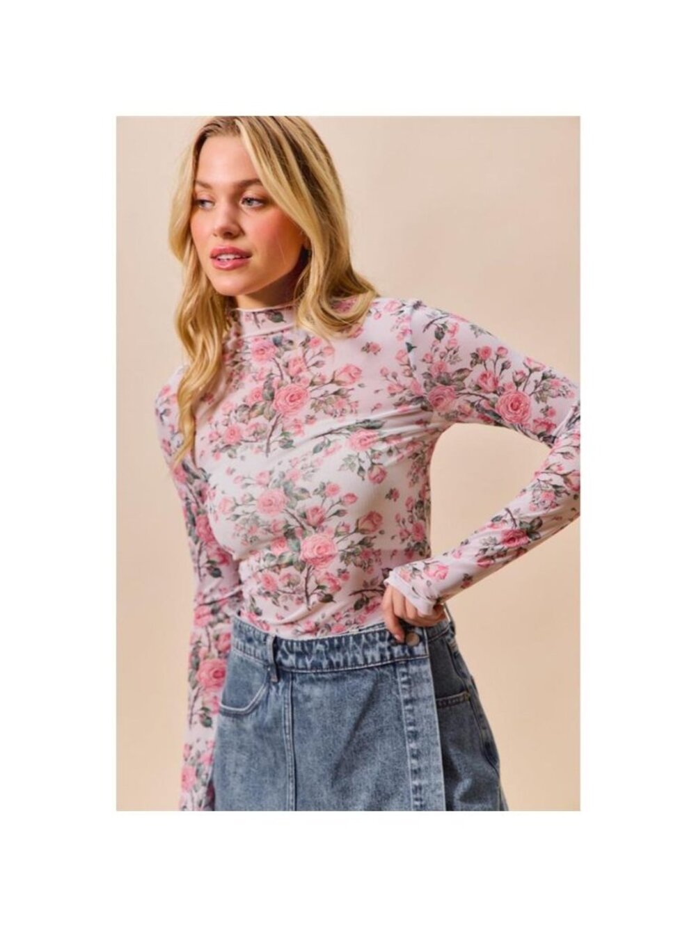 SO ME Floral Rose Print Mesh Sheer Layering Top